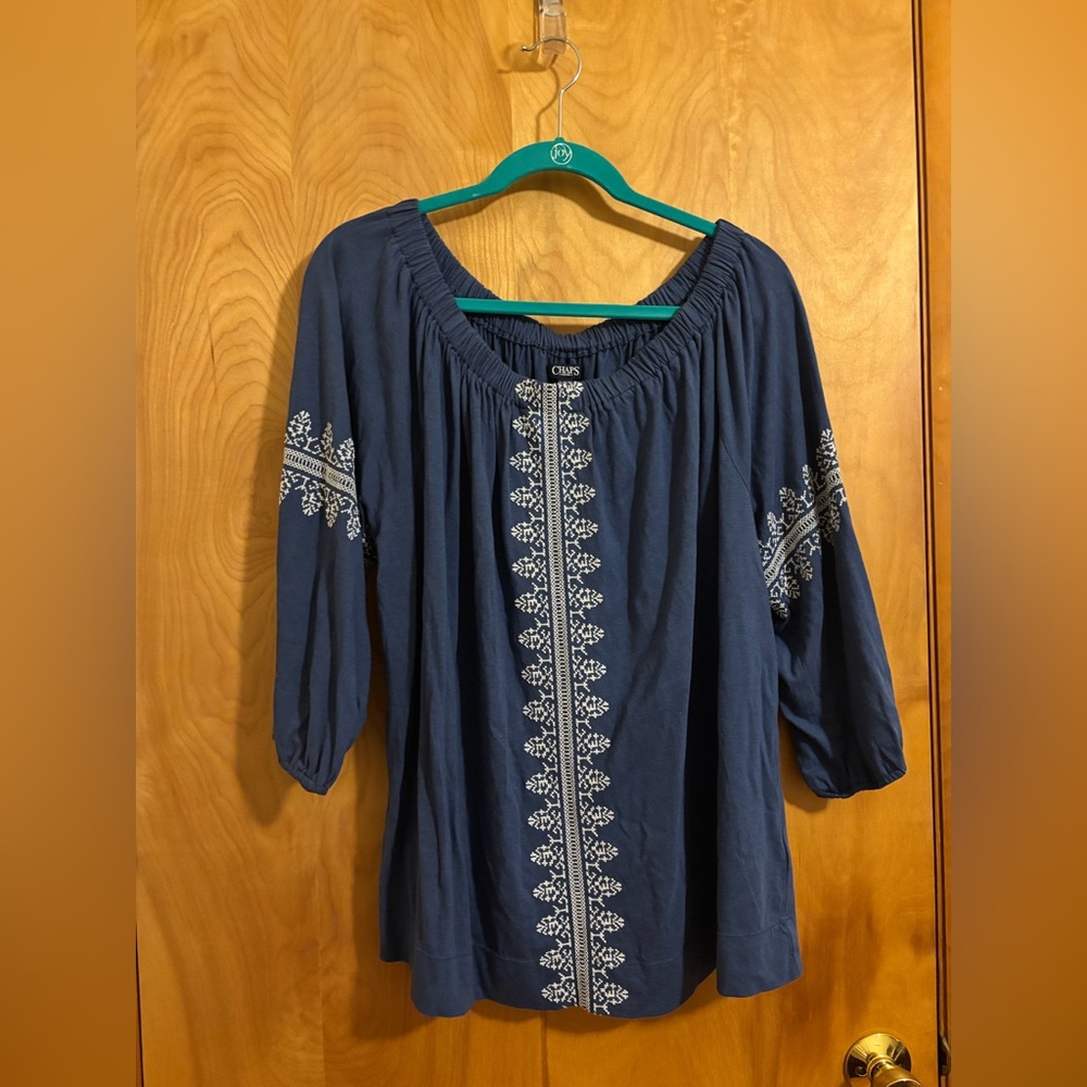 Chaps Denim Navy Blue Long Sleeve Top with White Embroidery Size Xl